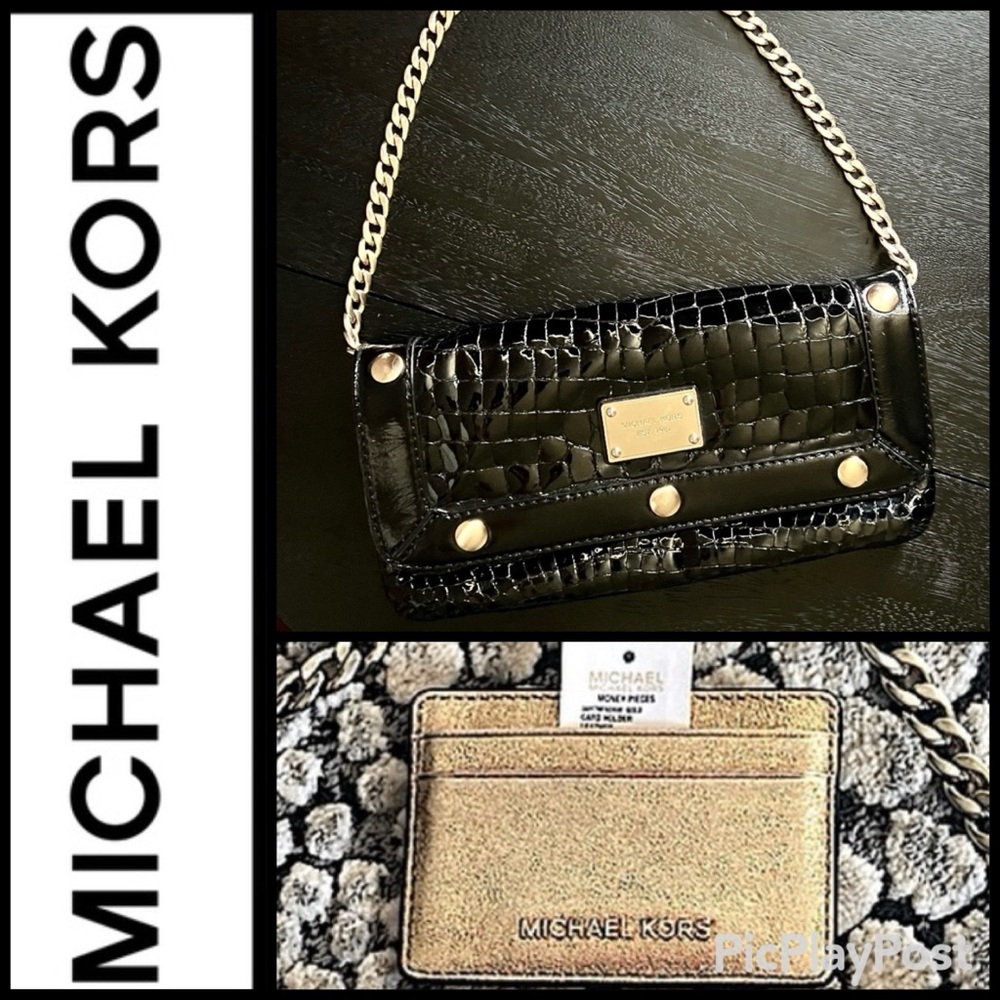 Michael Kors BLACK Patten Leather Croc Embossed Clutch Gold Chain Logo CC Wallet
